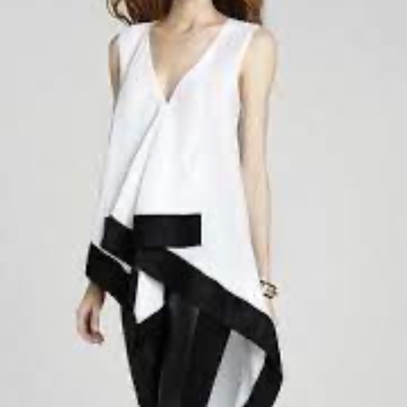 BCBG MaxAzria Asymmetric Silk Top White Black Sleeveless V-Neck Size S - Picture 1 of 4